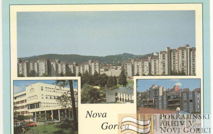 . Postcard of the Gradnikove brigade street, sent in 1994. &copy;From the collection of Regional Archive in Nova Gorica - PANG 667 Zbirke razglednic krajev Nova Gorica, št. 286