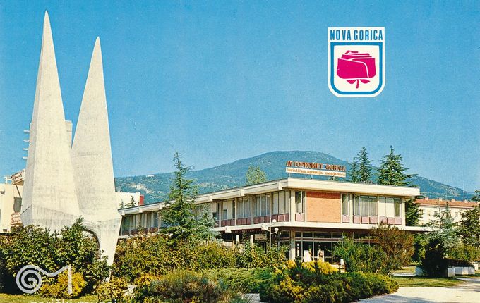 . Postcard of the centre of Nova Gorica in the late 1960s featuring the Ikarus monument. &copy;held by the Goriški muzej Kromberk – Nova Gorica