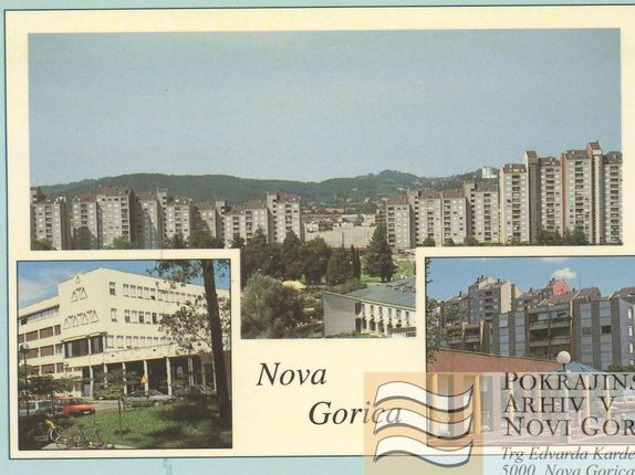 . Postcard of the Gradnikove brigade street, sent in 1994. &copy;From the collection of Regional Archive in Nova Gorica - PANG 667 Zbirke razglednic krajev Nova Gorica, št. 286
