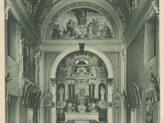 . Interior of the church on a postcard sent in 1955, likely published during the interwar period of Italy. &copy;Postcard from the collection of Regional Archive in Nova Gorica - PANG 667 Zbirke razglednic krajev - Nova Gorica Kostanjevica No. 991