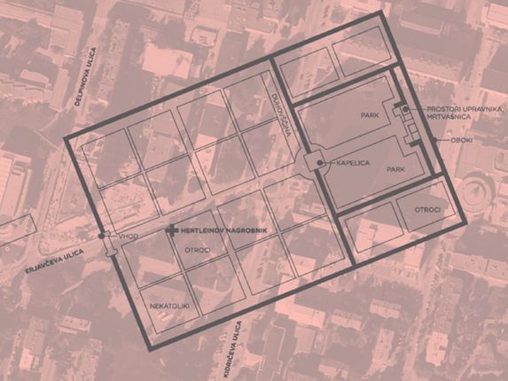 . Reproduction of the cemetery plan. Illustration: Katja Pahor, based on a plan from an article by Michele di Bartolomeo in issue 89 of the journal Isonzo/Soča (Dec 2010/Jan 2011). 