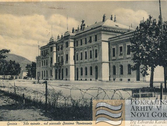 . The railway station shortly after the border demarcation in 1947 &copy;Postcard from the collection of Regional Archive in Nova Gorica (Pokrajinski arhiv v Novi Gorici).  PANG 0667 Nova Gorica: železniška postaja, meja [razglednica]